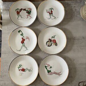Restoration Hardware Christmas Naughty Elf 6 Salad Plates Boxed RARE Vintage